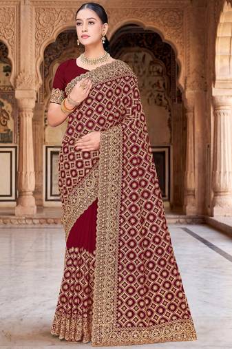 Maroon zari embroidered work georgette designer saree for women