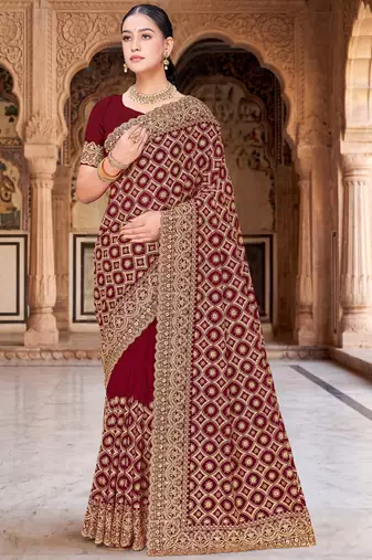 Maroon zari embroidered work georgette designer saree for women