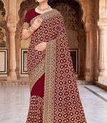 Maroon zari embroidered work georgette designer saree for women