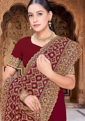 Maroon zari embroidered work georgette designer saree for women 2