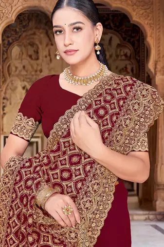 Maroon zari embroidered work georgette designer saree for women