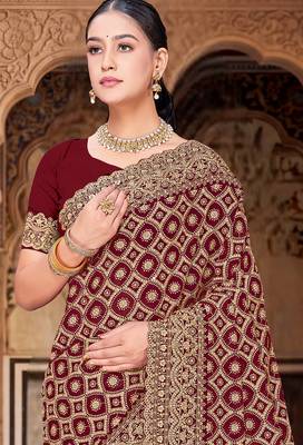 Maroon zari embroidered work georgette designer saree for women 3