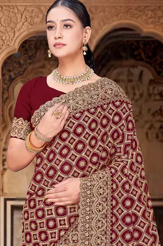 Maroon zari embroidered work georgette designer saree for women