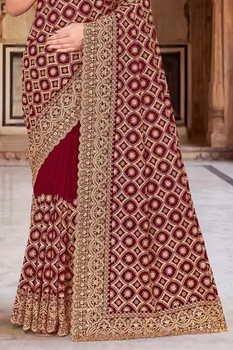 Maroon zari embroidered work georgette designer saree for women