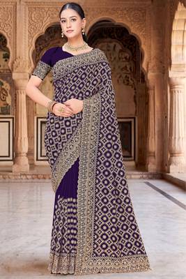 Purple zari embroidered work georgette designer saree for women 1