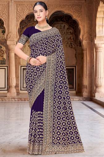 Purple zari embroidered work georgette designer saree for women