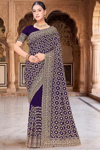 Purple zari embroidered work georgette designer saree for women