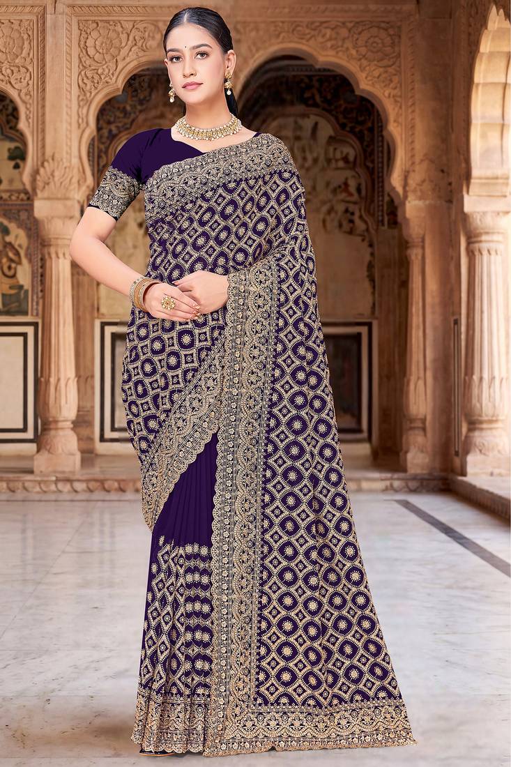 Purple zari embroidered work georgette designer saree for women