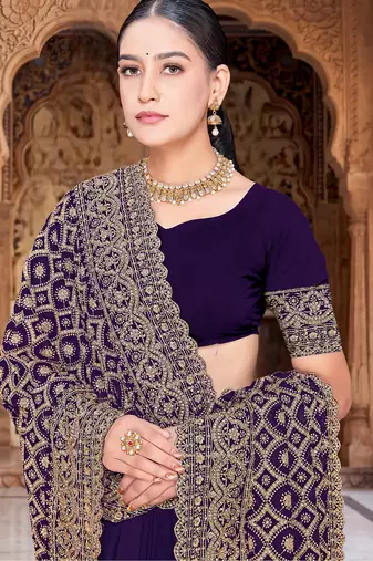 Purple zari embroidered work georgette designer saree for women