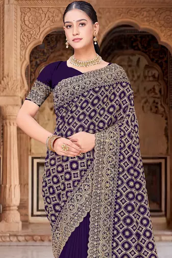 Purple zari embroidered work georgette designer saree for women