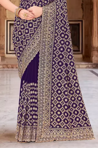 Purple zari embroidered work georgette designer saree for women
