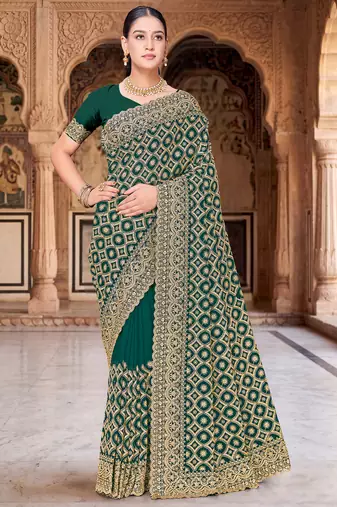 Green zari embroidered work georgette designer saree for women
