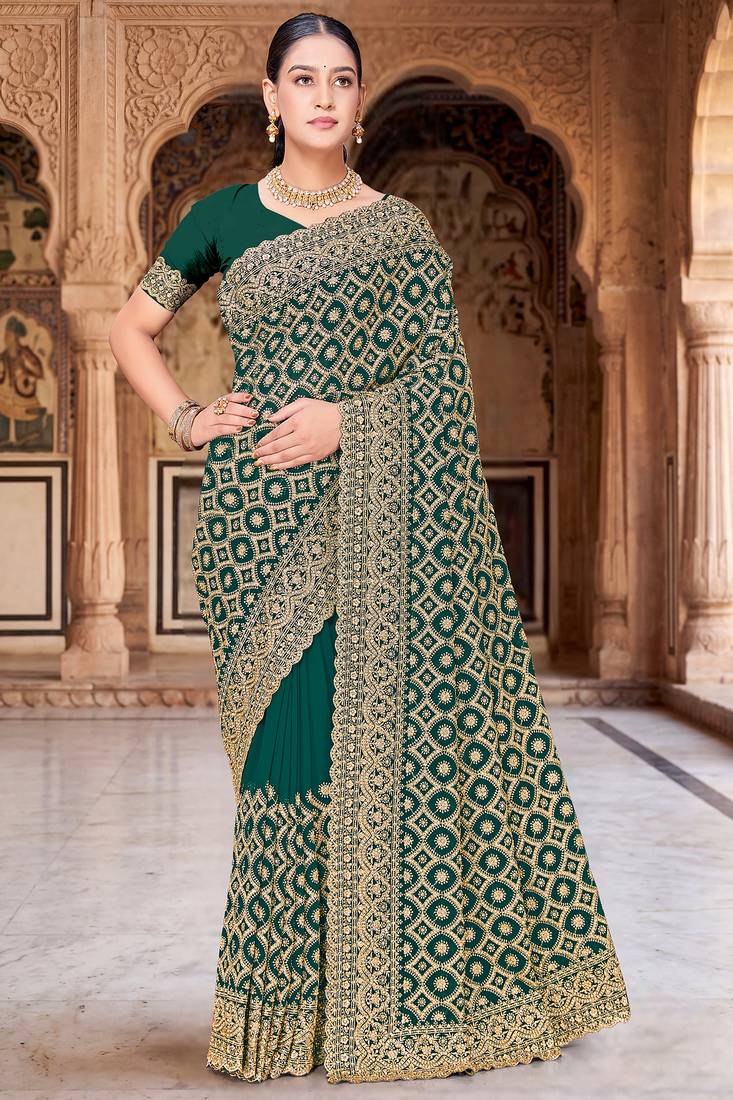 Green zari embroidered work georgette designer saree for women