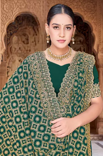 Green zari embroidered work georgette designer saree for women