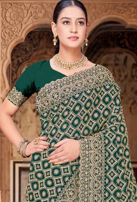 Green zari embroidered work georgette designer saree for women 3