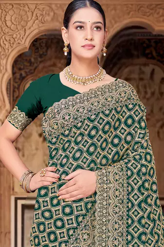 Green zari embroidered work georgette designer saree for women