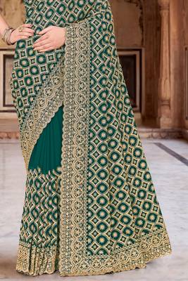 Green zari embroidered work georgette designer saree for women 4