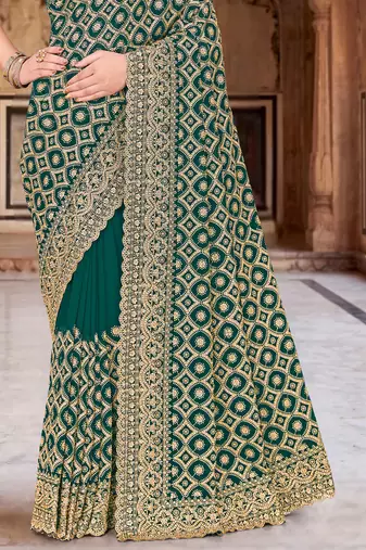 Green zari embroidered work georgette designer saree for women