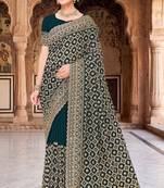 Teal blue zari embroidered work georgette designer saree for women