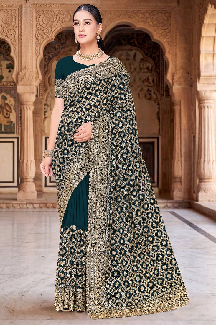 Teal blue zari embroidered work georgette designer saree for women