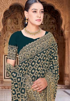 Teal blue zari embroidered work georgette designer saree for women 2