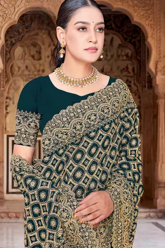 Teal blue zari embroidered work georgette designer saree for women