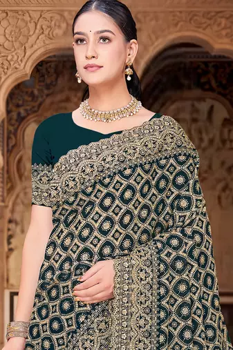 Teal blue zari embroidered work georgette designer saree for women