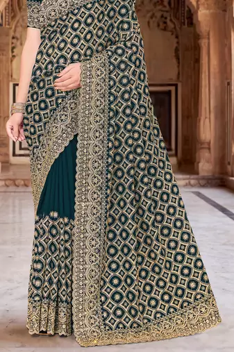 Teal blue zari embroidered work georgette designer saree for women