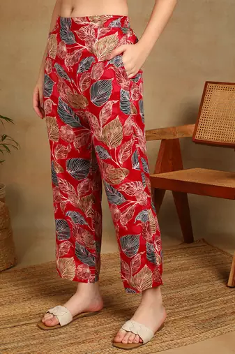 s red leaf printed rayon cotton co-ord set with shirt collar & straight pants