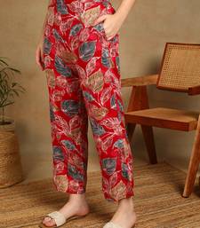 s red leaf printed rayon cotton co-ord set with shirt collar & straight pants