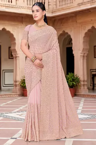 Peach zari embroidered work georgette designer saree for women
