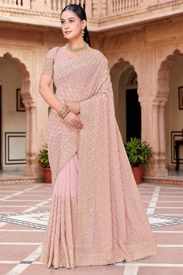 Peach zari embroidered work georgette designer saree for women