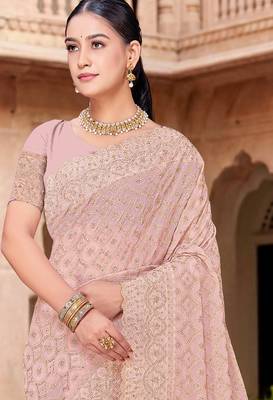 Peach zari embroidered work georgette designer saree for women 3