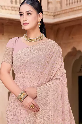 Peach zari embroidered work georgette designer saree for women