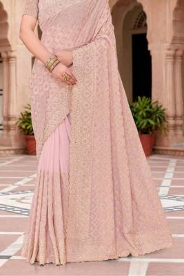 Peach zari embroidered work georgette designer saree for women 4