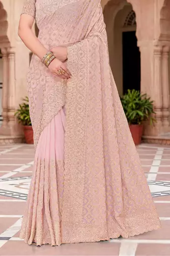 Peach zari embroidered work georgette designer saree for women