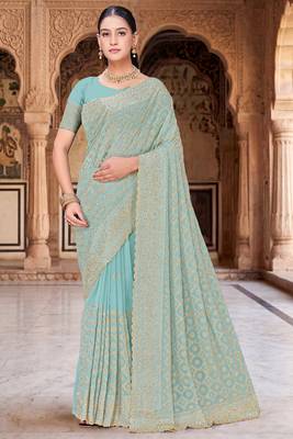 Sea green zari embroidered work georgette designer saree for women 1