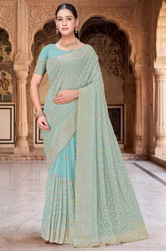 Sea green zari embroidered work georgette designer saree for women