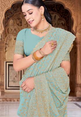 Sea green zari embroidered work georgette designer saree for women 2