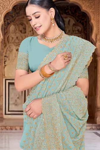 Sea green zari embroidered work georgette designer saree for women