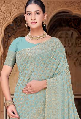 Sea green zari embroidered work georgette designer saree for women 3