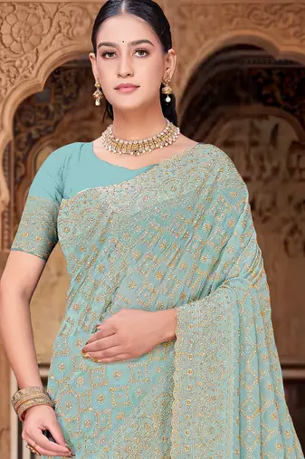 Sea green zari embroidered work georgette designer saree for women