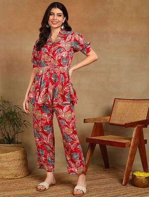 s red leaf printed rayon cotton co-ord set with shirt collar & straight pants 1