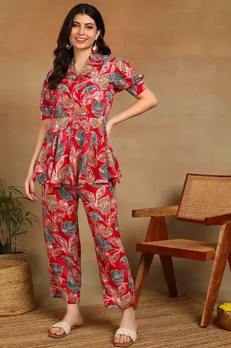 s red leaf printed rayon cotton co-ord set with shirt collar & straight pants