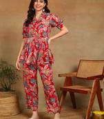 s red leaf printed rayon cotton co-ord set with shirt collar & straight pants