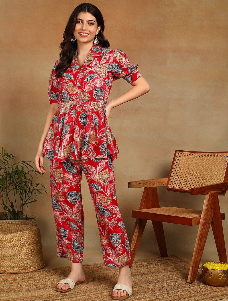 s red leaf printed rayon cotton co-ord set with shirt collar & straight pants
