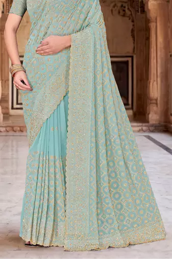 Sea green zari embroidered work georgette designer saree for women
