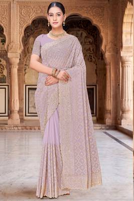Lavender zari embroidered work georgette designer saree for women 1