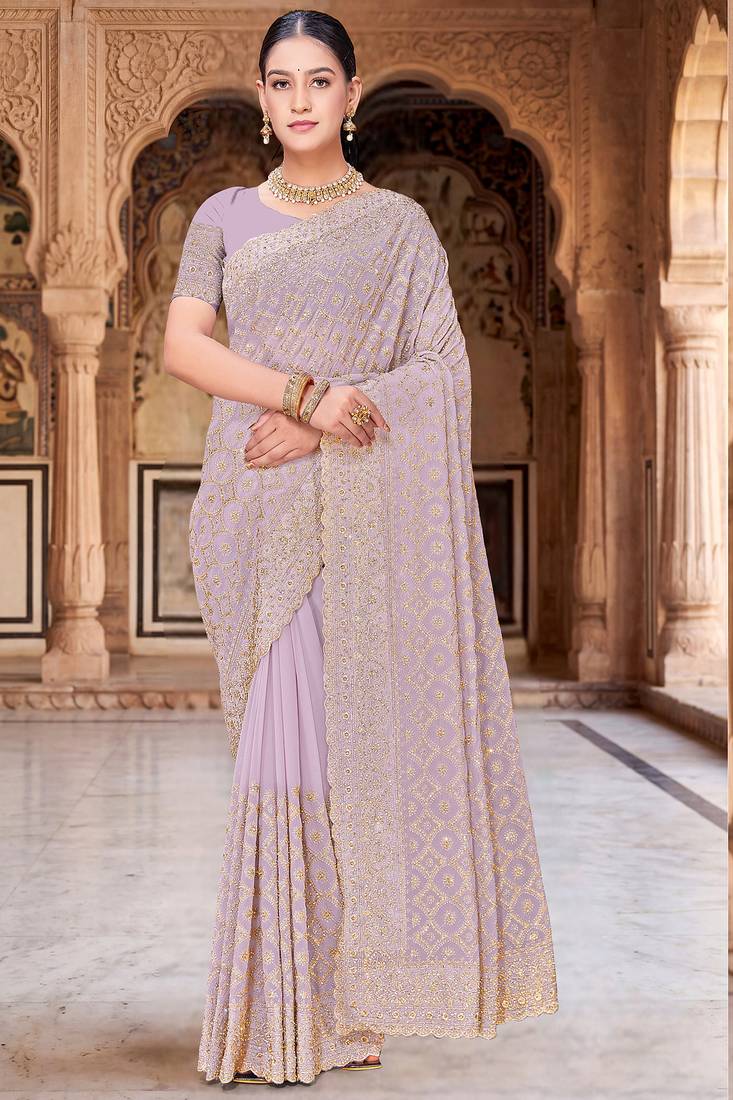 Lavender zari embroidered work georgette designer saree for women