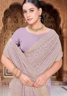 Lavender zari embroidered work georgette designer saree for women 2